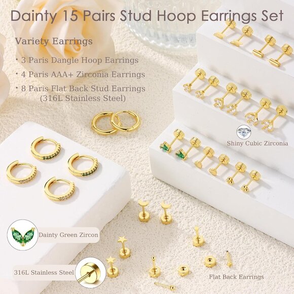 15 Pairs Gold & Steel Flat Back Hypoallergenic Stud & Hoop Earrings Set for Sens - Picture 5 of 6